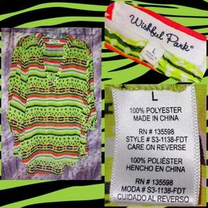 Wishful Park Neon Lime/Multiclr Tribal Stripes Print Sheer Hi-lo Woven Top Sz L